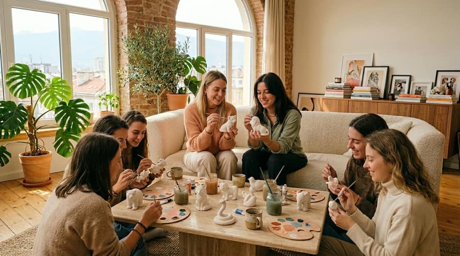Friends painting tiny figurines together in a sunny apartment