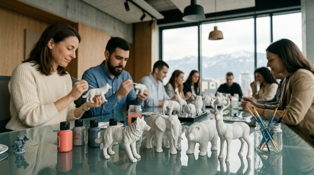 A team-building session in a Sofia office, colleagues painting large white animal figurines