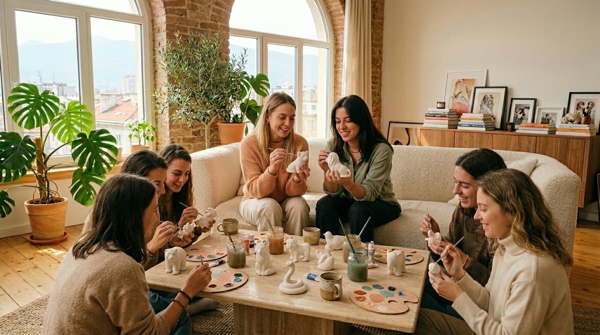 Six friends painting tiny figurines around a coffee table in a sunny Sofia apartment
