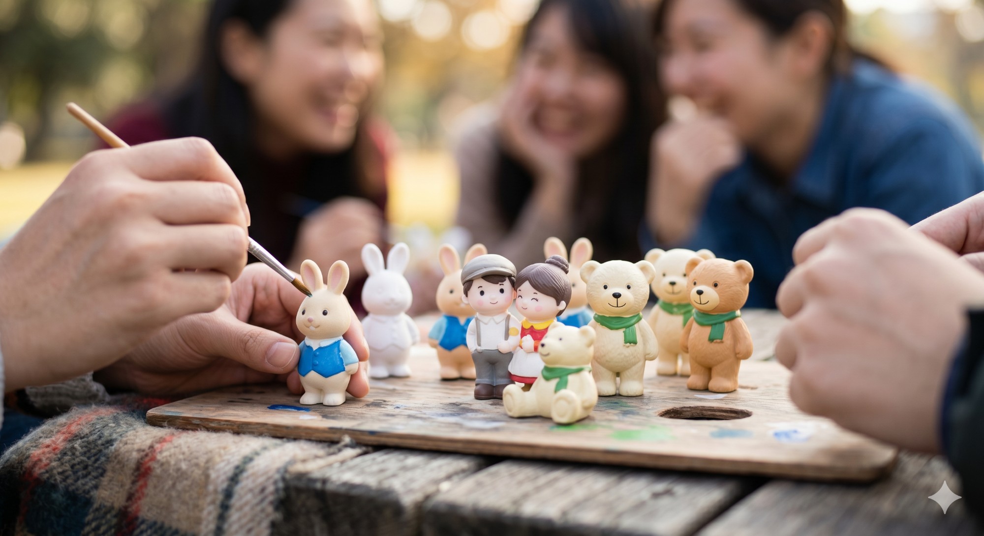 Cute painted figurines lined up on a wooden palette