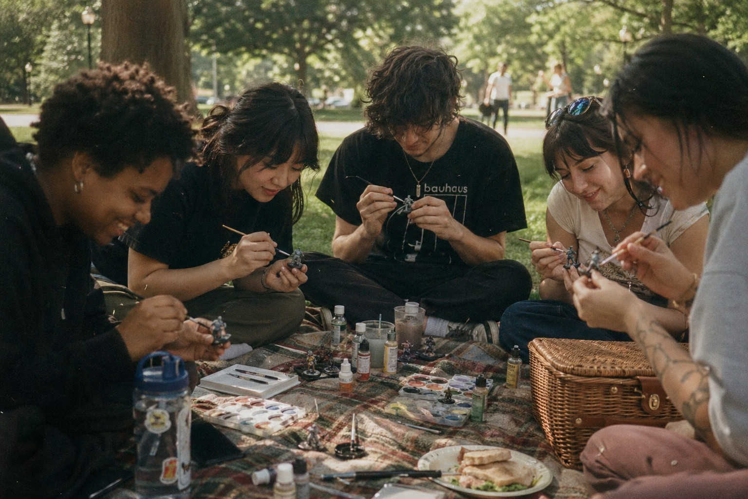 Friends painting figurines together on a blanket in the park